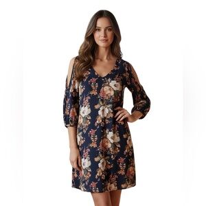 Lulus Shifting Dears Navy Blue Floral Print Cold Shoulder Summer Dress size S